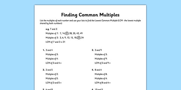 lowest common factor worksheet