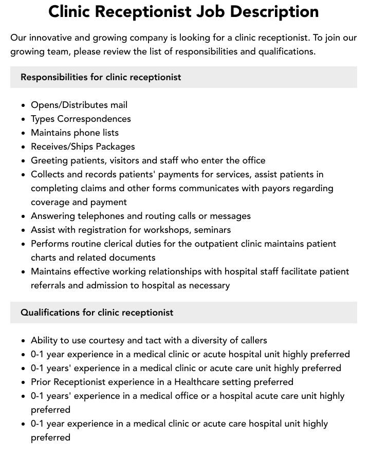 government hospital receptionist jobs