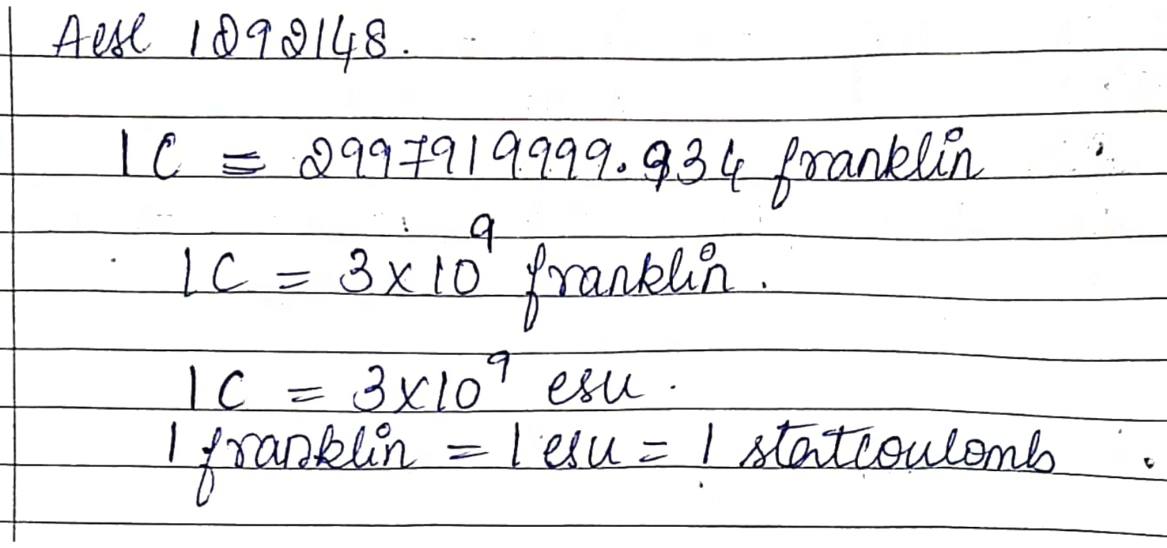 1 stat coulomb is equal to how many coulomb