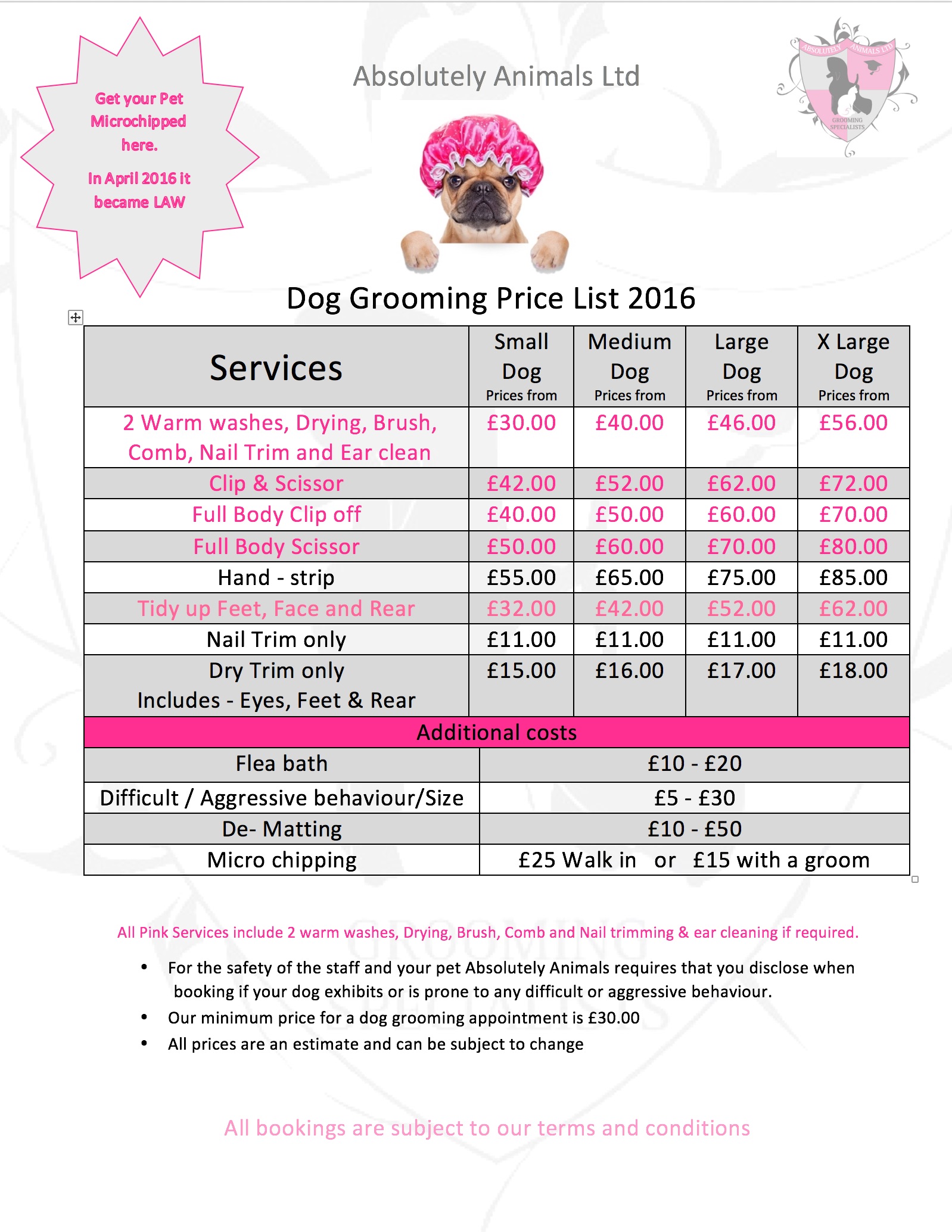 dogwood grooming price list