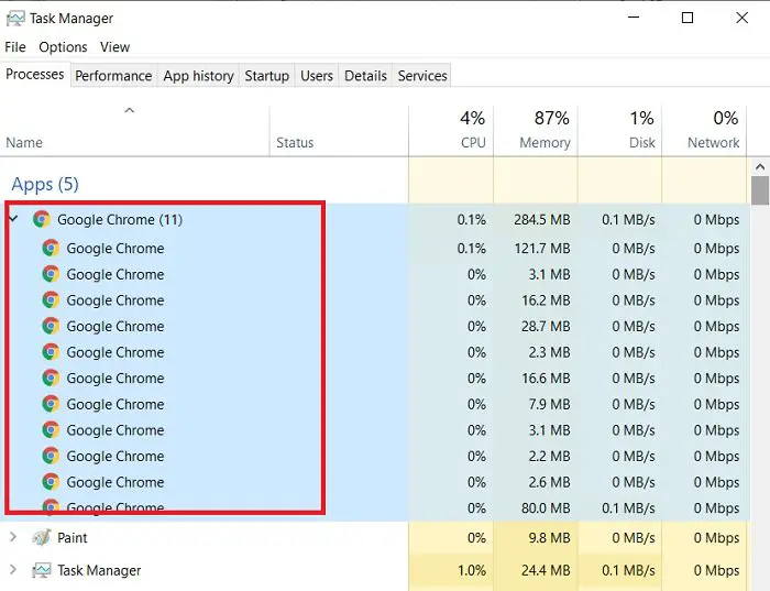 multiple instances of google chrome in task manager