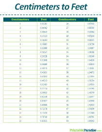 feet to cm conversion chart