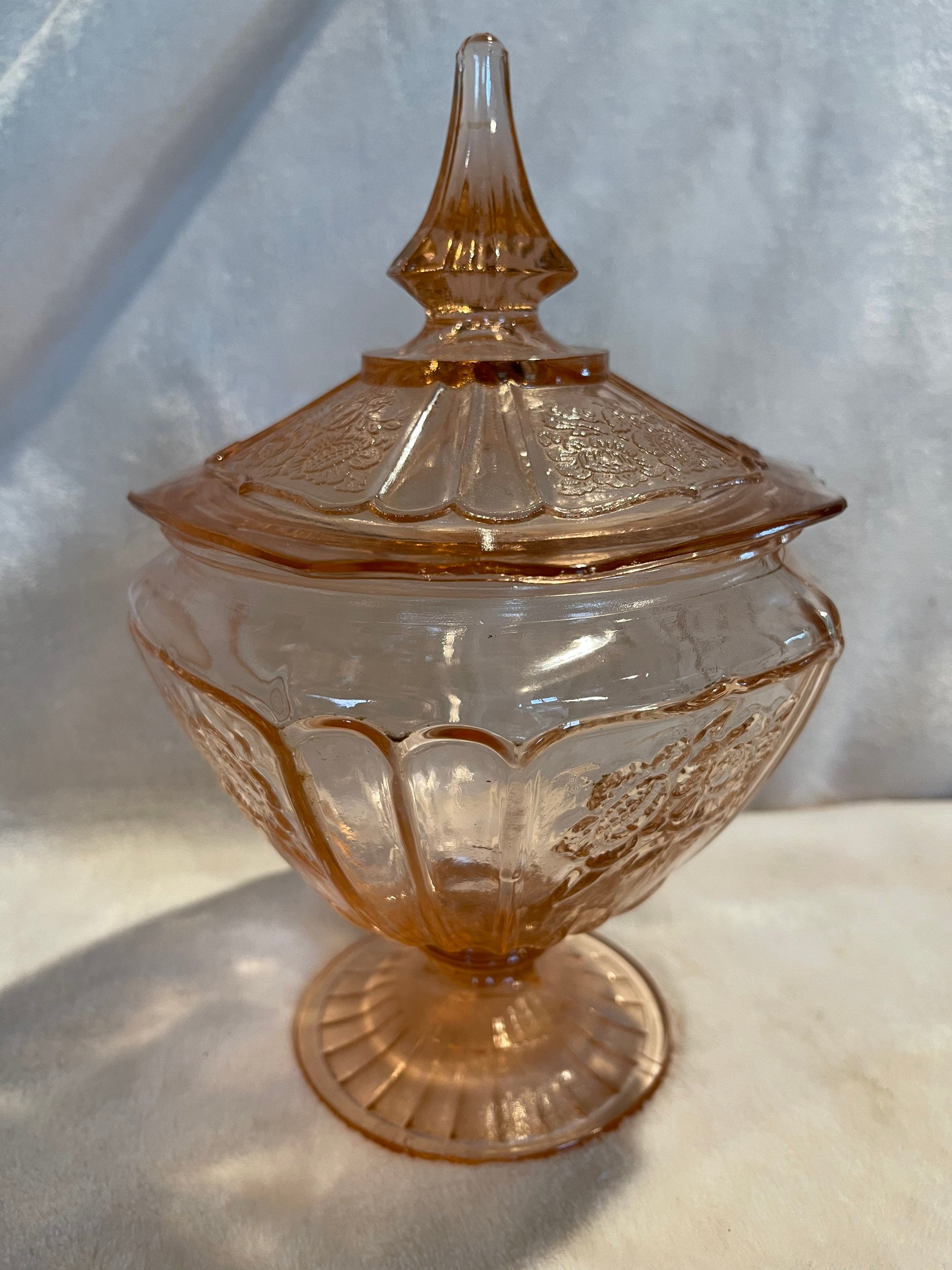 vintage pink depression glass candy dish