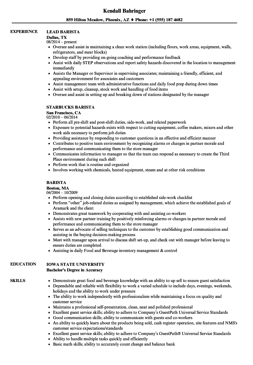 job description of starbucks barista for resume