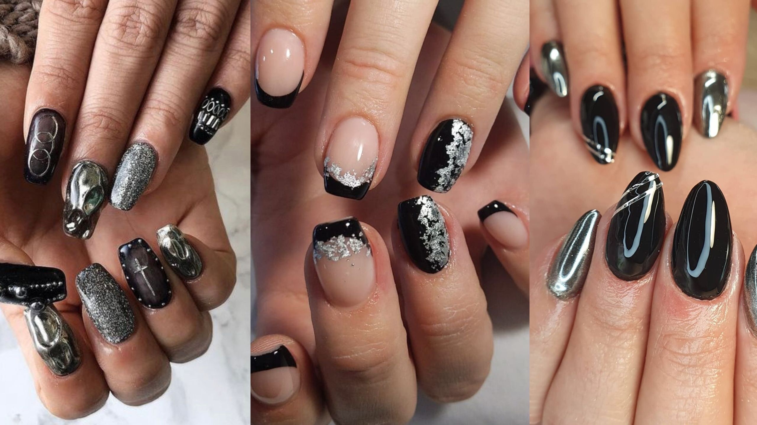 manicura negra y plata