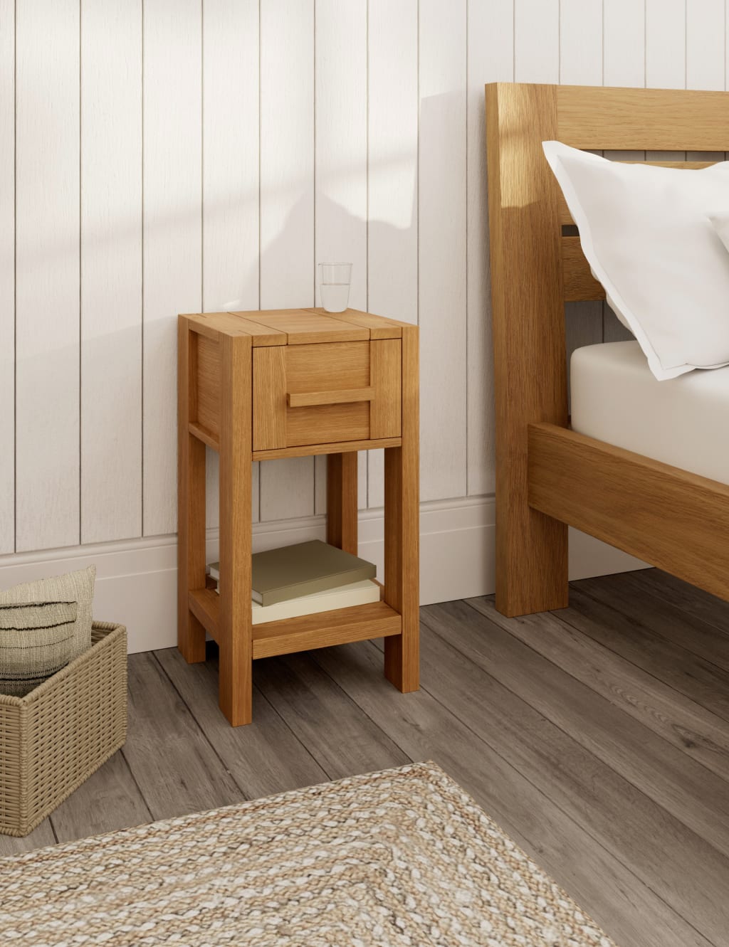 narrow bedside table with drawers