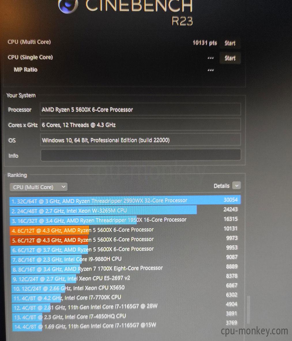 ryzen 5 5600x cinebench r23 score