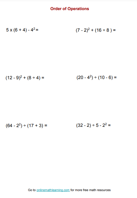 5th grade orders of operation worksheet