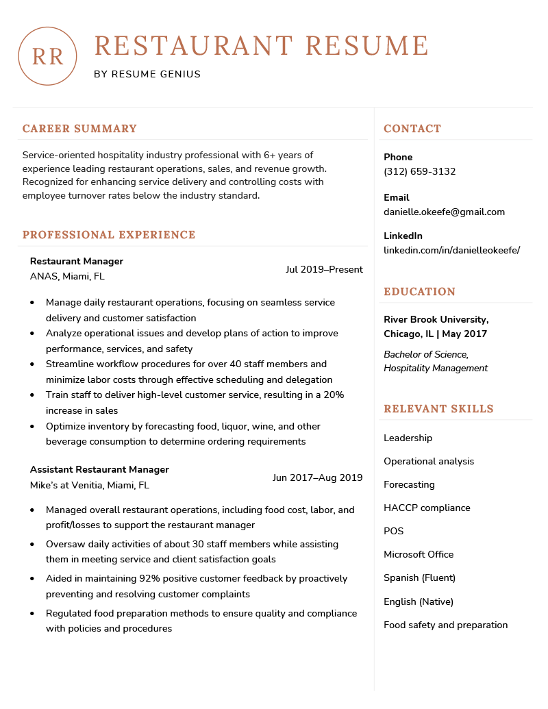 restaurant resume