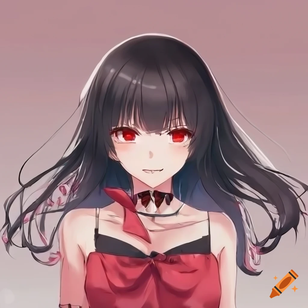 anime girl with black hair and red eyes