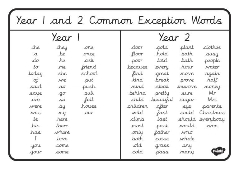 year 2 common exception words list