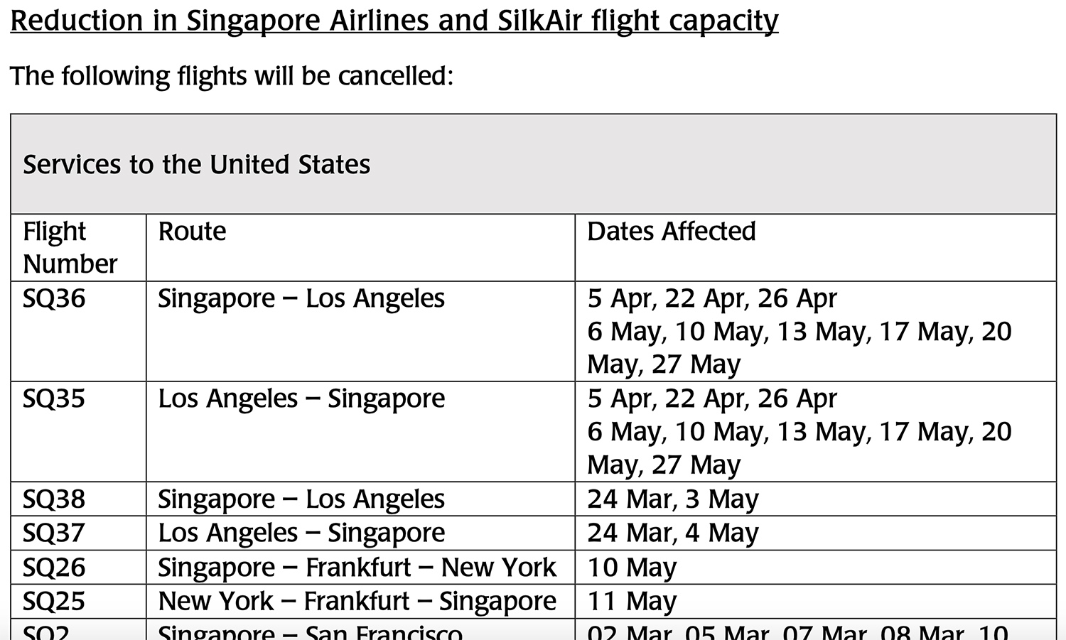 cancelled flights singapore airlines