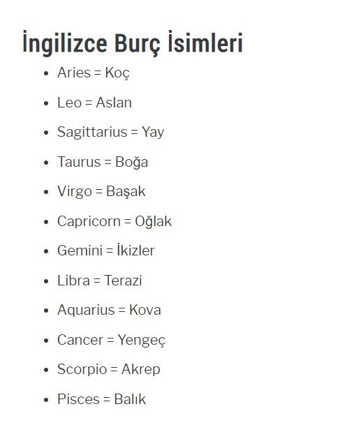 ingilizce burçlar ve tarihleri