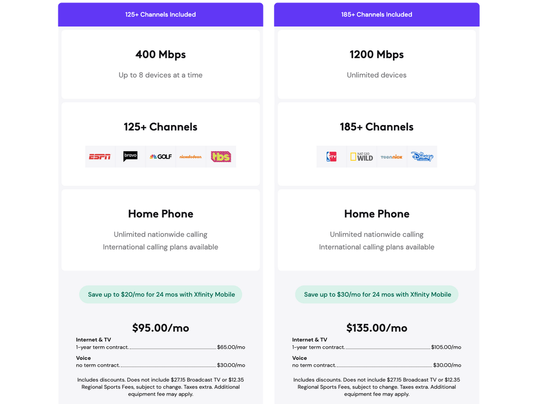 how much is xfinity tv and internet