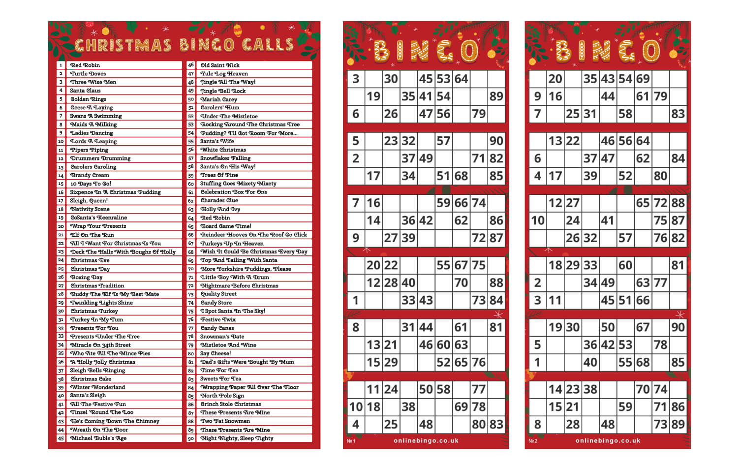 christmas bingo calls 1-90