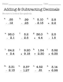 decimal addition and subtraction worksheets