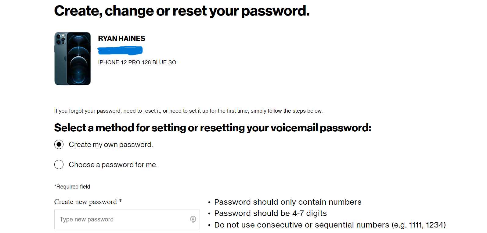 verizon password for voicemail