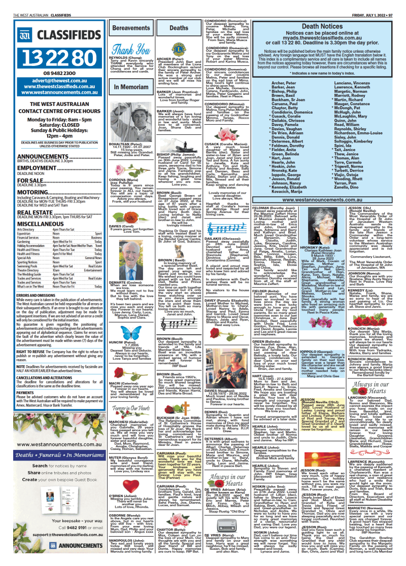 west classifieds death notices