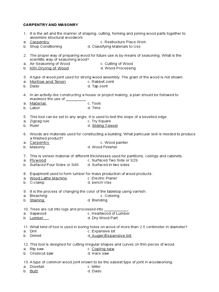 carpentry test questions and answers pdf