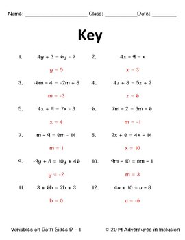 worksheet with variables on both sides