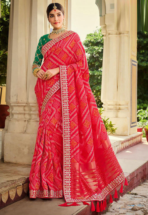 red jaipuri saree