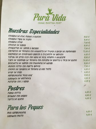 menú de pura vida terraza