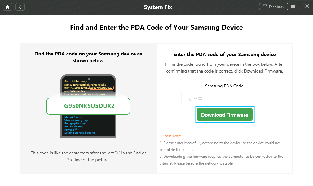 code pda samsung