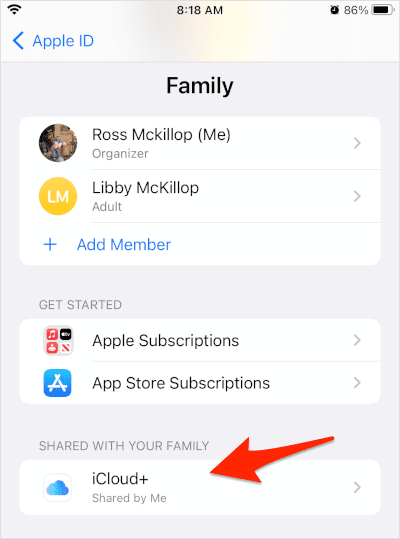 share icloud storage with family