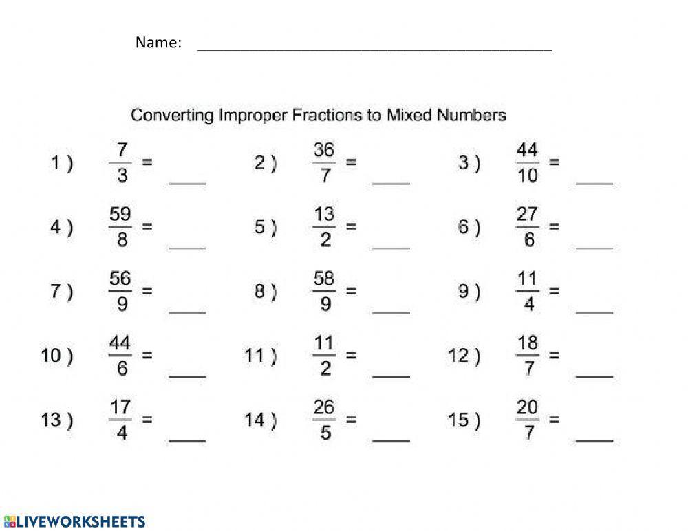 fractions improper to mixed worksheets