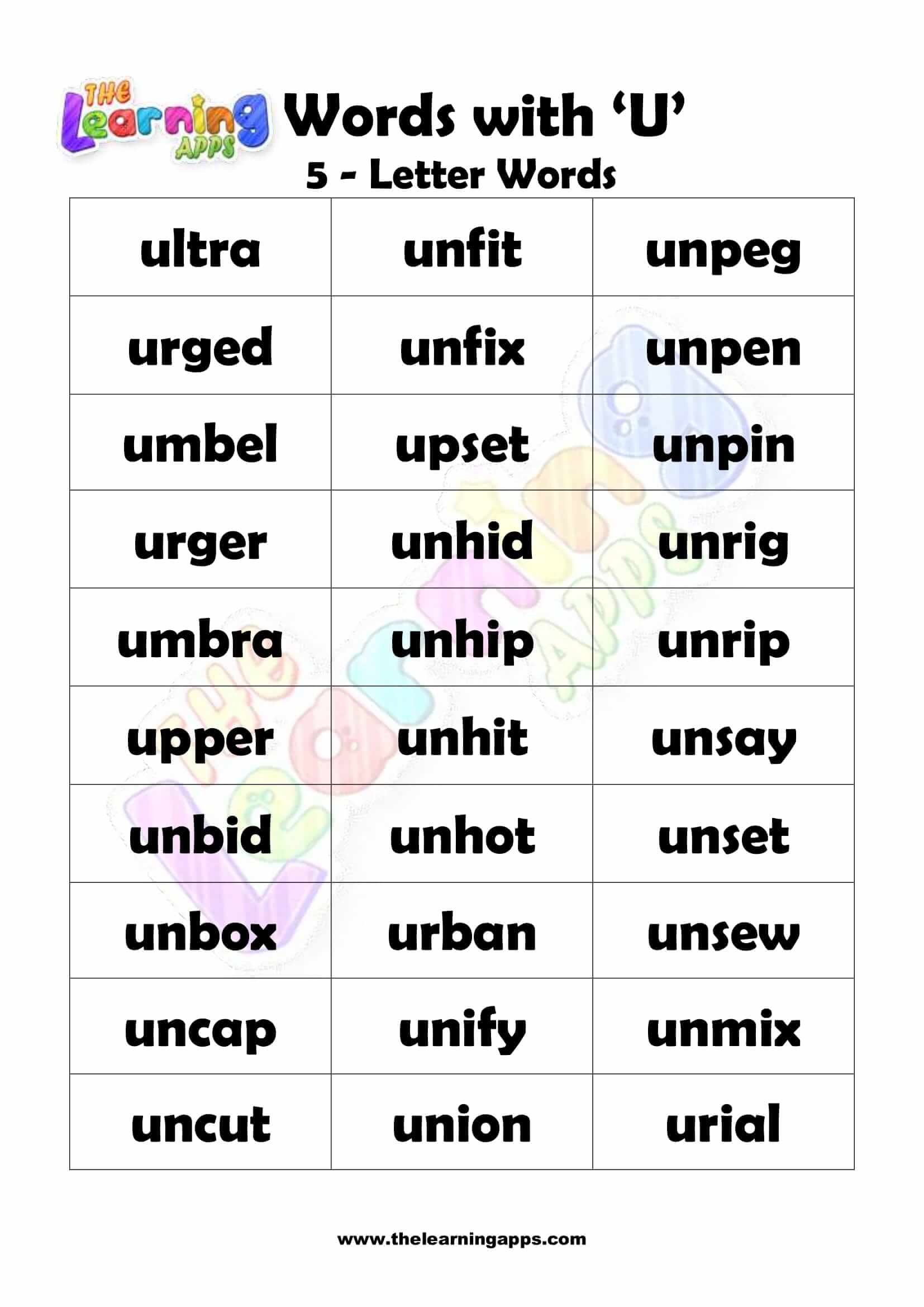 5 letter words that begin with u