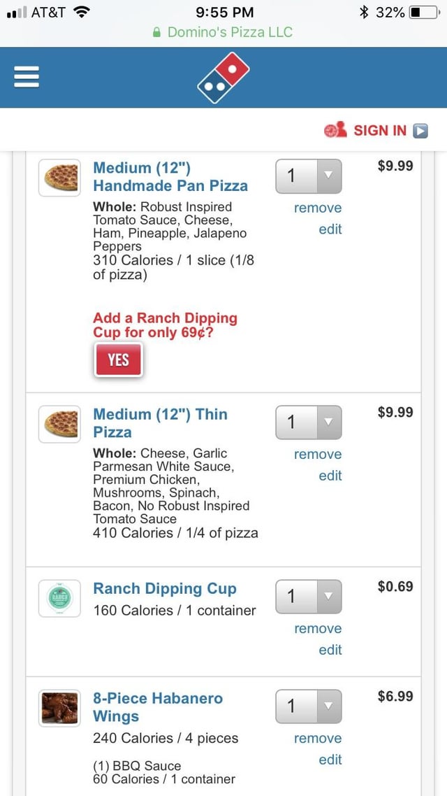 dominos calorie chart