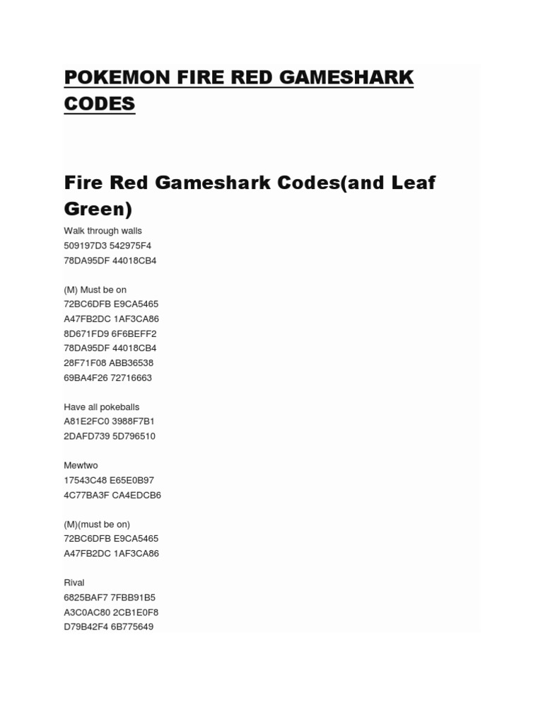 gameshark pokemon red fire