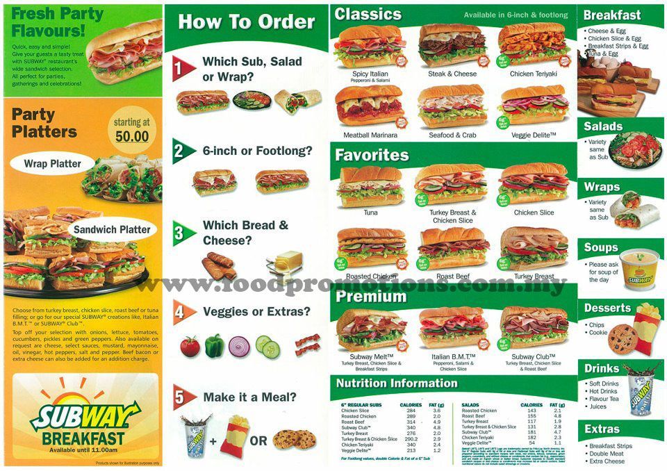 menu restaurant subway