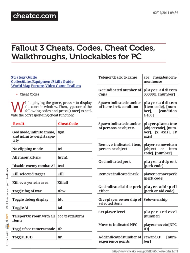 fallout 3 console codes