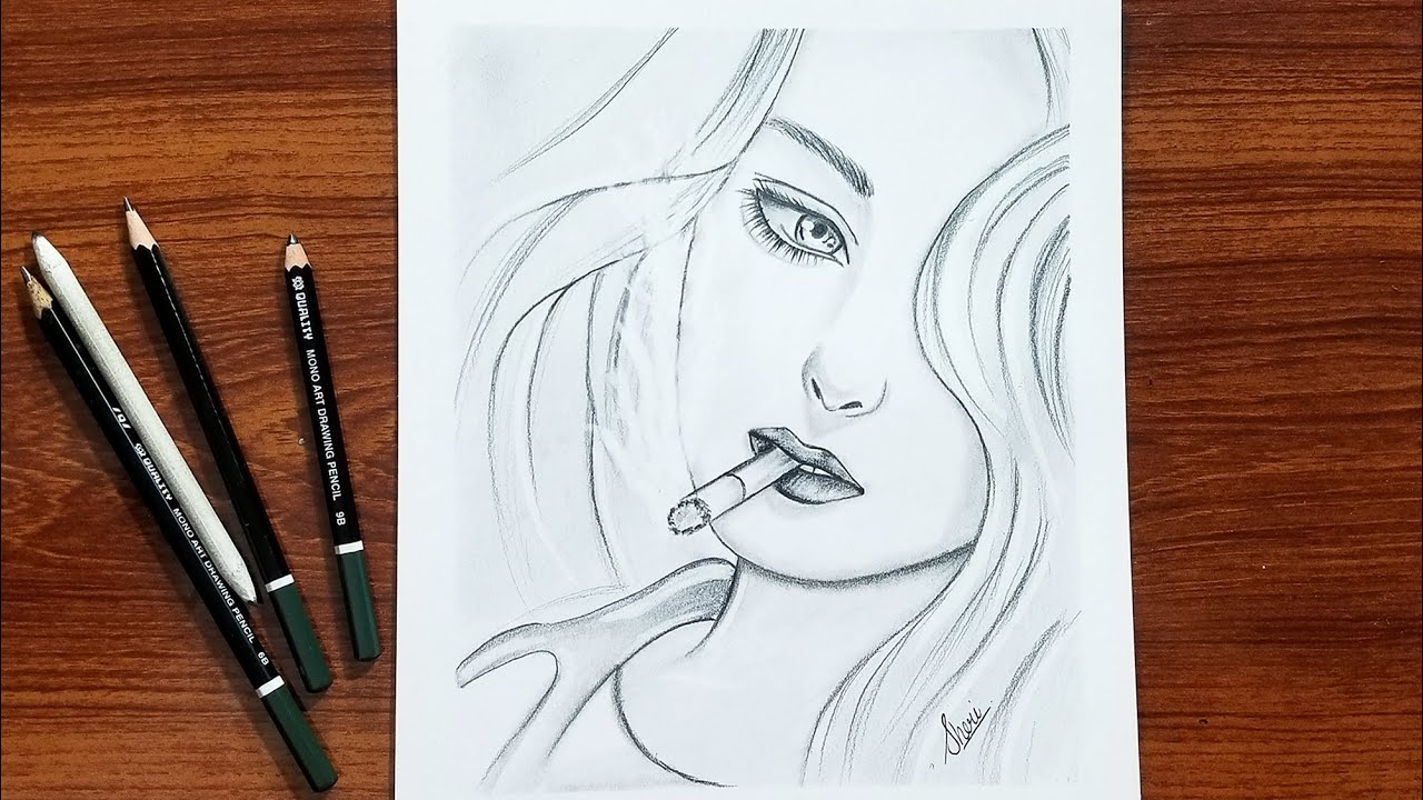 girl smoking drawing