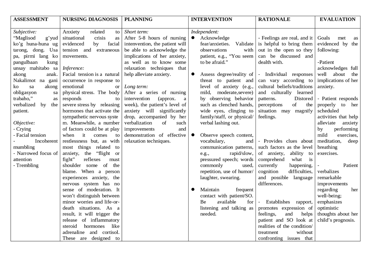 nursing care plan for fear and anxiety related to hospitalization