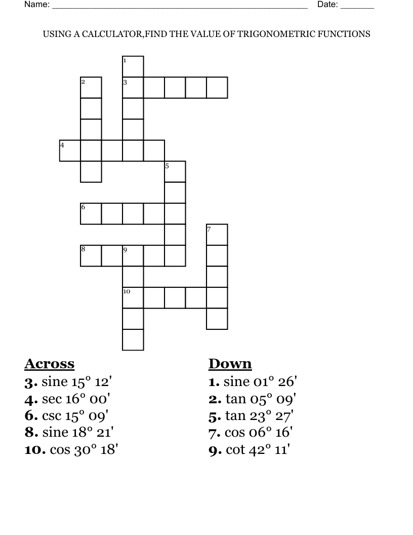 trigonometric function crossword