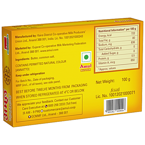 amul butter nutritional value per 100g