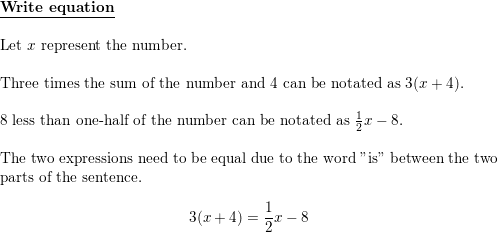 three times the sum of a number and 4