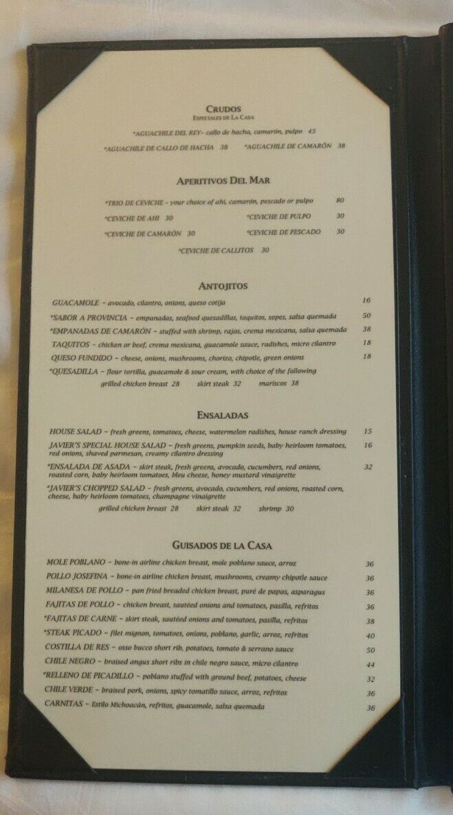 javiers las vegas menu