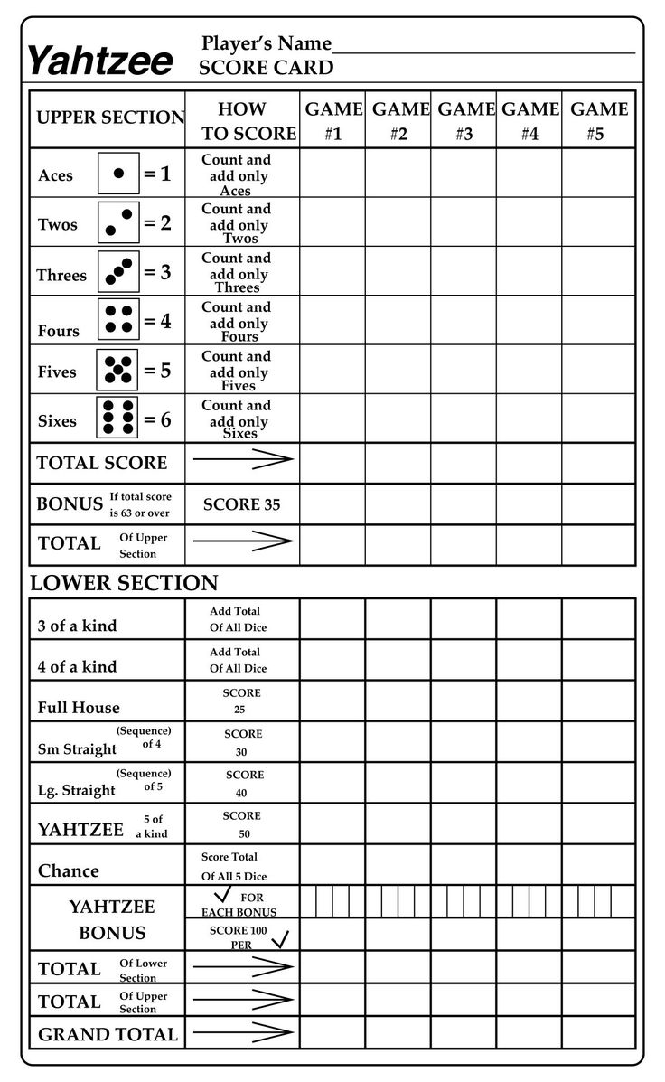 yahtzee game sheets