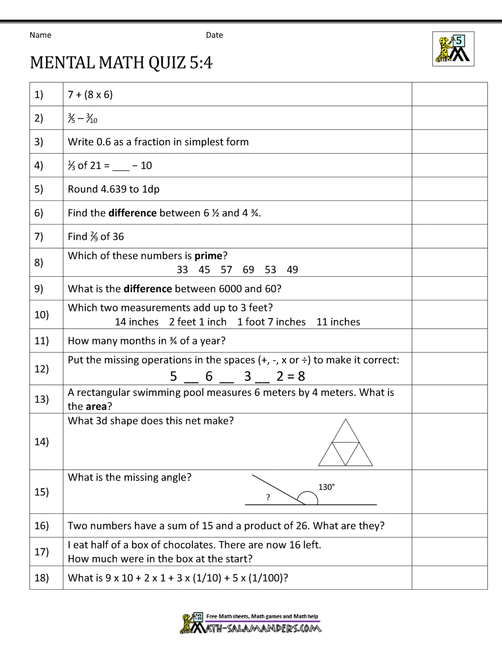 mental math worksheets grade 5