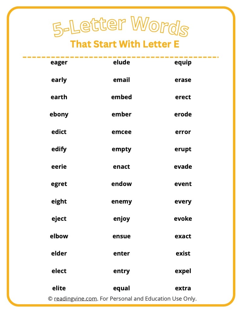 five letter words starting with e