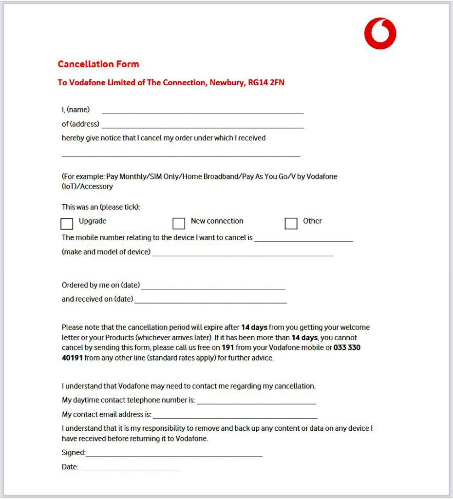 cancellation of vodafone contract