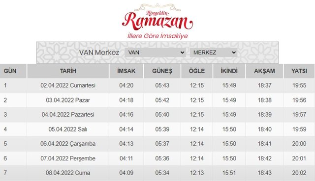 van ezan vakitleri 2022