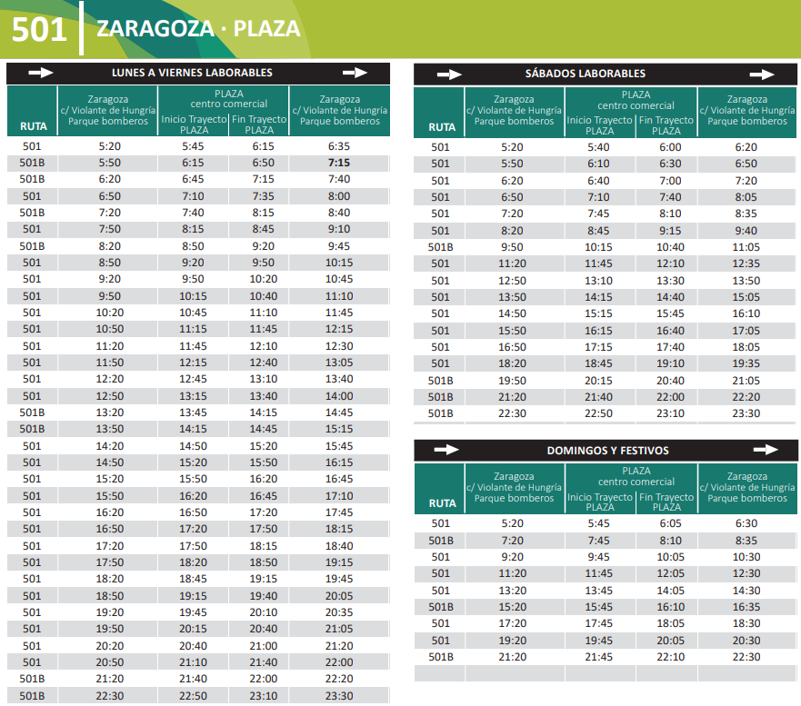 línea 501 zaragoza horarios