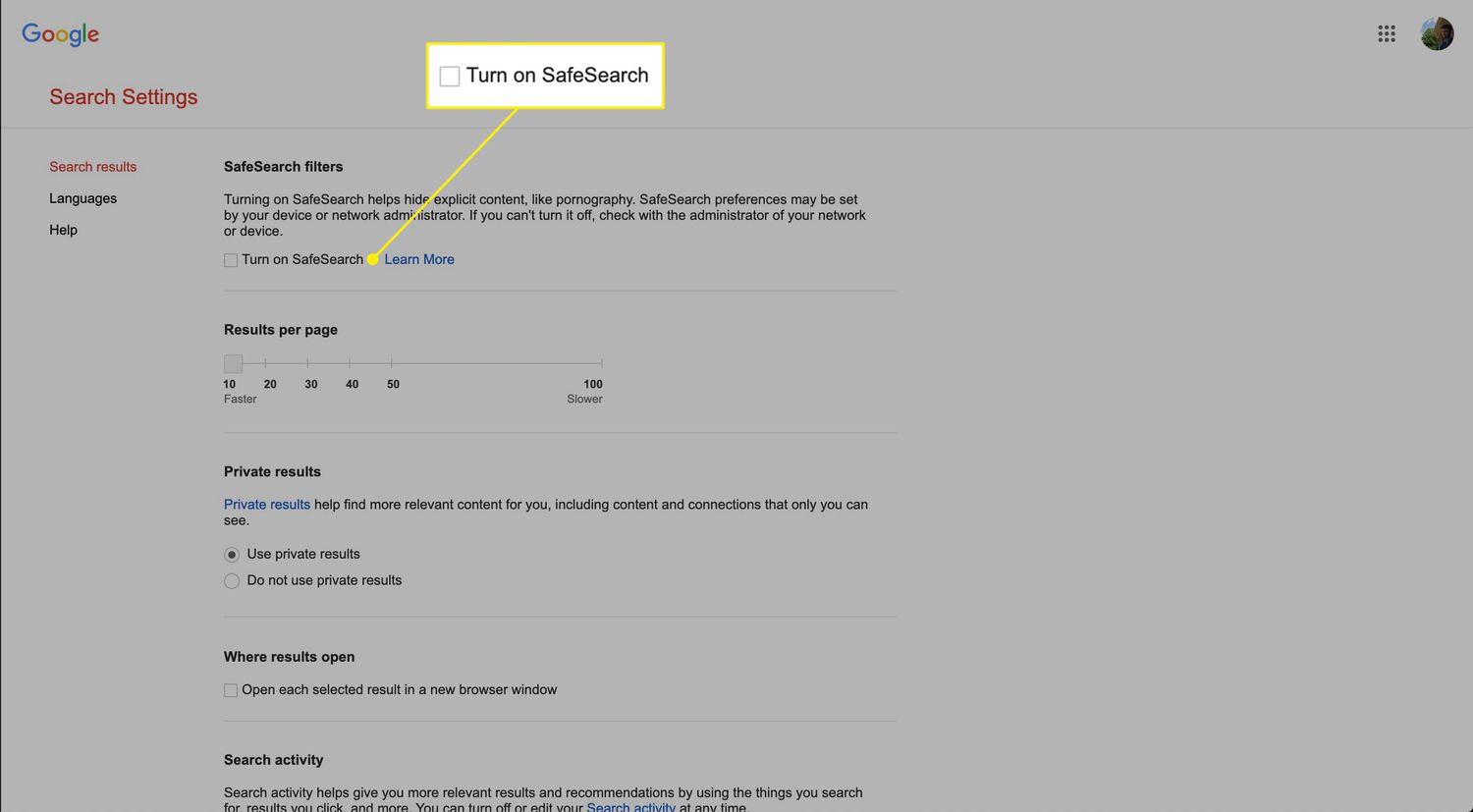 turn off safe search google