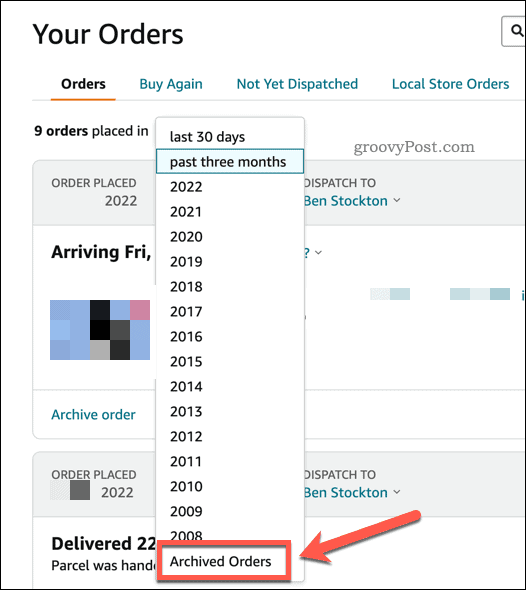 how to find archived orders on amazon