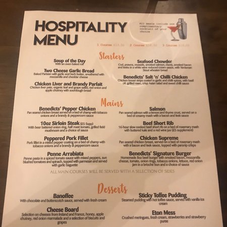 benedicts hotel menu