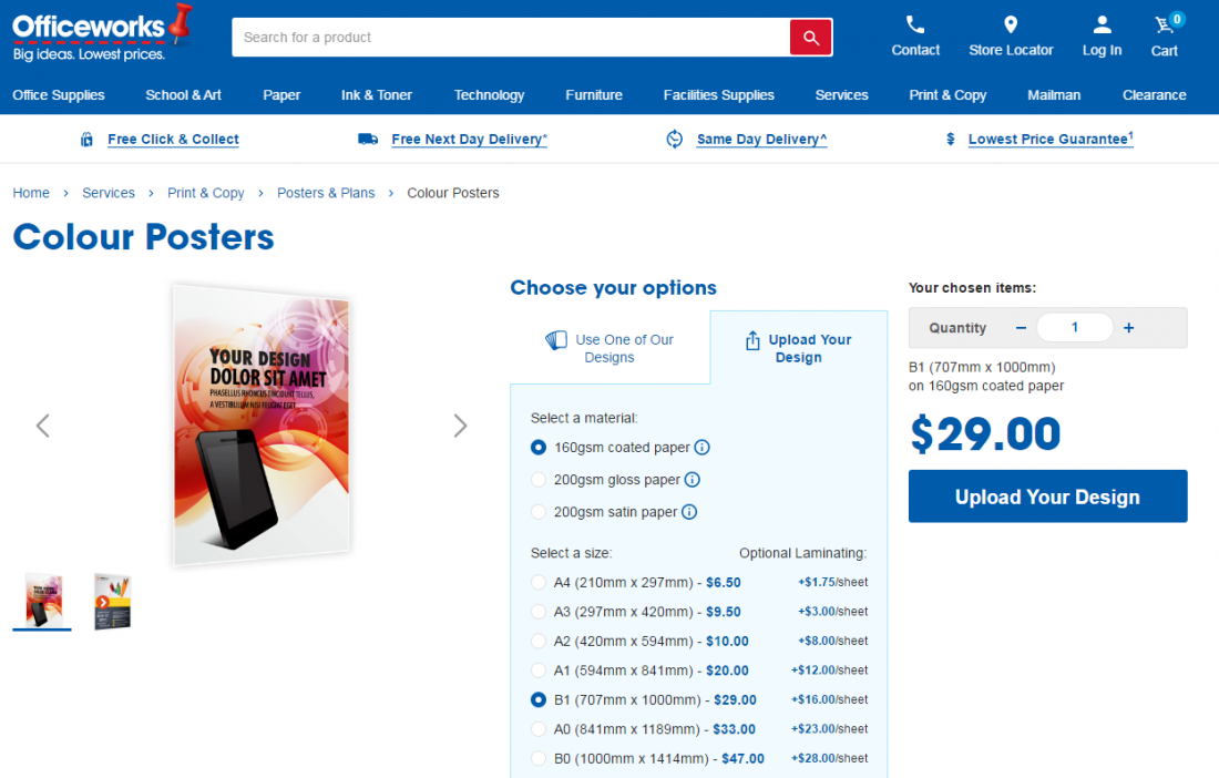 officeworks a0 printing price